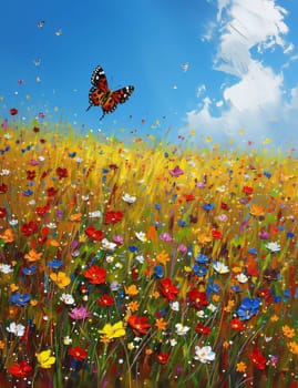 Painted with watercolor paints a field of colorful flowers and a flying butterfly. Flowering flowers, a symbol of spring, new life. A joyful time of nature waking up to life.