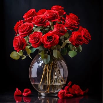 Bouquets of red roses with a red bow in a transparent vase, dark background. Flowering flowers, a symbol of spring, new life. A joyful time of nature waking up to life.