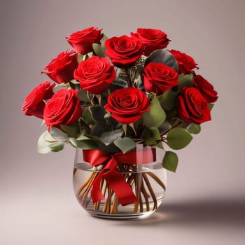 Bouquets of red roses with a red bow in a transparent vase, light background. Flowering flowers, a symbol of spring, new life. A joyful time of nature waking up to life.