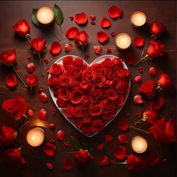 Top view of a white heart filled with red petals, roses around candles and red petals. Flowering flowers, a symbol of spring, new life. A joyful time of nature waking up to life.