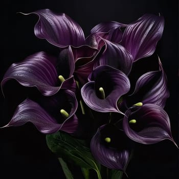 Purple lilies bouquet of flowers on a dark background. Flowering flowers, a symbol of spring, new life. A joyful time of nature waking up to life.