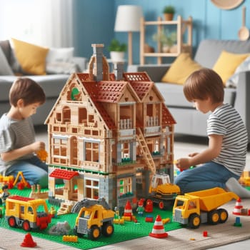 Children boys engrossed in play, building a large house and construction vehicles on a green baseplate in a cozy playroom