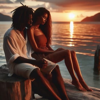 Couple in love sitting on a dock, enjoying a serene sunset over calm waters, embodying peace and romance