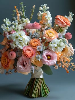 Knotted bouquet of colorful flowers on a dark background of green stems. Flowering flowers, a symbol of spring, new life. A joyful time of nature waking up to life.