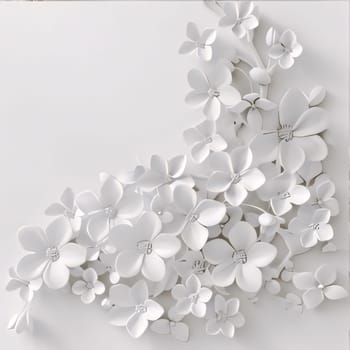 White flowers petals on a white background. Flowering flowers, a symbol of spring, new life. A joyful time of nature waking up to life.