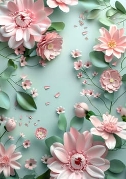 Top view of pink white flowers, petals green leaves. Flowering flowers, a symbol of spring, new life. A joyful time of nature waking up to life.