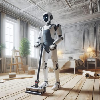 Modern robot vacuuming a classic, elegant room with detailed architecture, blending technology with tradition