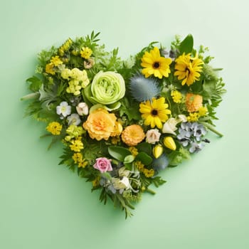 Green heart of spring colorful flowers on a light background. Flowering flowers, a symbol of spring, new life. A joyful time of nature waking up to life.