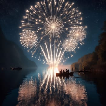 Spectacular fireworks display over a lake at night, with people in boats admiring the show