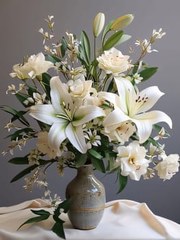 Bouquet of white lilies with green leaves in a vase gray background. Flowering flowers, a symbol of spring, new life. A joyful time of nature waking up to life.