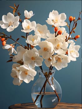 White flowers, petals, orchids in a glass vase with water, dark background. Flowering flowers, a symbol of spring, new life. A joyful time of nature waking up to life.