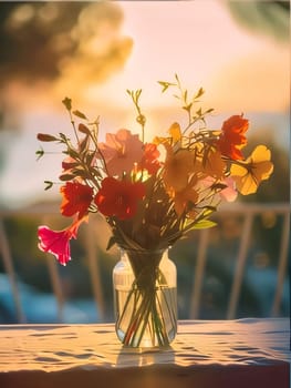 Illustration of colorful flowers in White vase on the table in the background rays of the setting sun smeared. Flowering flowers, a symbol of spring, new life. A joyful time of nature waking up to life.