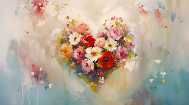 Watercolor painted banner, in the middle a heart of colorful flowers. Flowering flowers, a symbol of spring, new life. A joyful time of nature waking up to life.