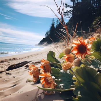 Lying bouquet of orange flowers with Green Leaves on the beach by the water. Flowering flowers, a symbol of spring, new life. A joyful time of nature waking up to life.