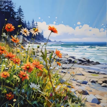Illustration of colorful flowers on a rocky beach by the water with waves. Flowering flowers, a symbol of spring, new life. A joyful time of nature waking up to life.