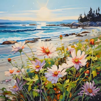 Illustration of colorful flowers on a sandy beach by the water with waves. Flowering flowers, a symbol of spring, new life. A joyful time of nature waking up to life.