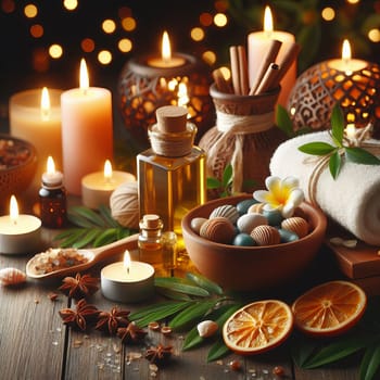 A tranquil spa setting with candles, essential oils, and natural elements, creating a serene atmosphere for relaxation
