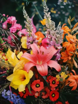 Bouquet of colorful flowers of different species. Flowering flowers, a symbol of spring, new life. A joyful time of nature waking up to life.