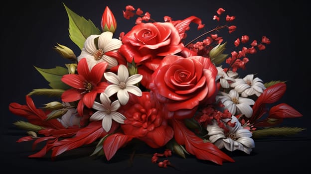 A bouquet of red and white flower roses lying on a black background. Flowering flowers, a symbol of spring, new life. A joyful time of nature waking up to life.