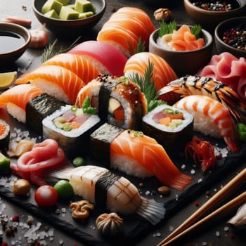 Assorted fresh sushi set beautifully arranged on a stone plate with garnishes and sauces