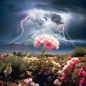 Growing pink flowers on dry mountain sands, high mountains in the distance and lightning clouded skies storm. Flowering flowers, a symbol of spring, new life. A joyful time of nature waking up to life.