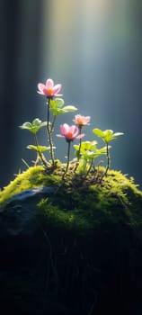 Small colorful flowers growing out of the moss on a tall stone, rays of light, sun. Flowering flowers, a symbol of spring, new life. A joyful time of nature waking up to life.