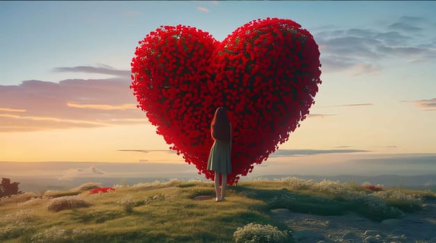 Young girl with long hair in a dress, standing in front of a large red heart of red roses on green grass at sunset. Flowering flowers, a symbol of spring, new life. A joyful time of nature waking up to life.