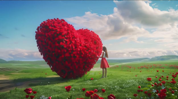 Young girl with long hair in a dress, standing in front of a large red heart of red roses on green grass at sunset. Flowering flowers, a symbol of spring, new life. A joyful time of nature waking up to life.
