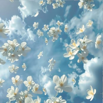 Falling from the sky of clouds white tiny flowers, petals. Flowering flowers, a symbol of spring, new life. A joyful time of nature waking up to life.