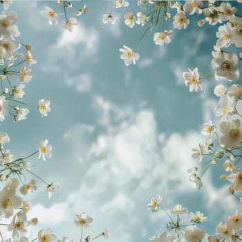 View of the sky clouds around small, small white flowers, petals. Flowering flowers, a symbol of spring, new life. A joyful time of nature waking up to life.