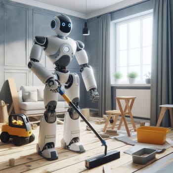 A futuristic robot with a blue face, diligently sands floor boards a modern room