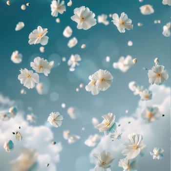 Falling from the sky of clouds white tiny flowers, petals. Flowering flowers, a symbol of spring, new life. A joyful time of nature waking up to life.