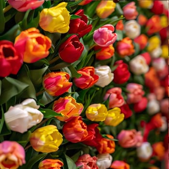 Growing side by side colorful red, white, pink, orange Tulips. Flowering flowers, a symbol of spring, new life. A joyful time of nature waking up to life.