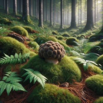 Mystical forest scene with a unique truffle mushroom amidst lush greenery, illuminated by soft, ethereal light