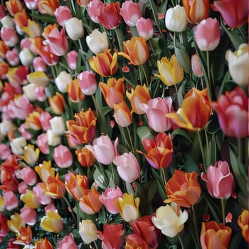 Growing side by side colorful red, white, pink, orange tulips. Flowering flowers, a symbol of spring, new life. A joyful time of nature waking up to life.
