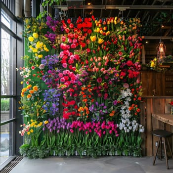 Colorful flowers in a wooden flower shop, pinned to wooden boards. Flowering flowers, a symbol of spring, new life. A joyful time of nature waking up to life.
