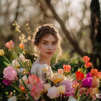 Young girl standing in the middle of a bouquet of colorful flowers outside in the background of smudged tree branches. Flowering flowers, a symbol of spring, new life. A joyful time of nature waking up to life.