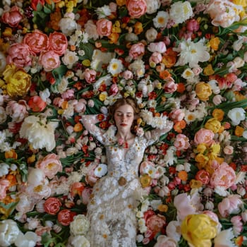 Lying on a field of flowers in the middle of colorful flowers. Young girl in white dress, view from above. Flowering flowers, a symbol of spring, new life. A joyful time of nature waking up to life.