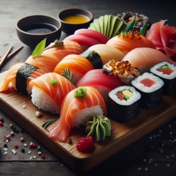 A wooden platter of assorted sushi, complemented by various sauces and garnishes, set on a dark wooden table