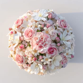 An aerial view of a wedding pink and white bouquet of flowers. Flowering flowers, a symbol of spring, new life. A joyful time of nature waking up to life.