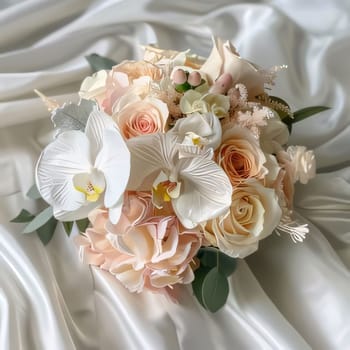 Bouquet of white wedding flowers with green leaves on light fabric. Flowering flowers, a symbol of spring, new life. A joyful time of nature waking up to life.