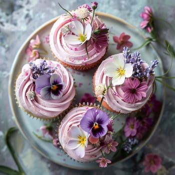 Small cupcakes with cream and pink flowers on a tray top view. Flowering flowers, a symbol of spring, new life. A joyful time of nature waking up to life.