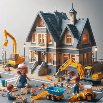 Detailed constructor set of a house under construction with mini figures, equipment, and a playful atmosphere