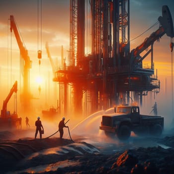 Bustling activity of a construction site at sunrise or sunset, with workers, cranes, and machinery silhouetted against an orange sky