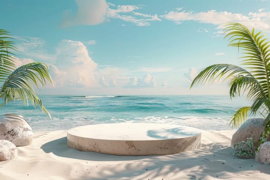 A beach scene with a large white stone circle in the foreground. The beach is empty and the ocean is calm. The palm trees in the background add a tropical feel to the scene