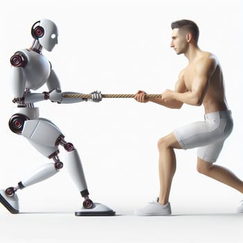 A human and a robot in a tug of war, symbolizing the struggle between man and machine on white background