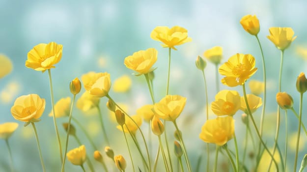 Yellow flowers and buds on stems, smudged, light green background. Flower field. Flowering flowers, a symbol of spring, new life. A joyful time of nature waking up to life.