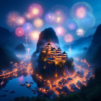 A magical night scene of a lit pagoda on a mountain, surrounded by fireworks and reflecting on the water below