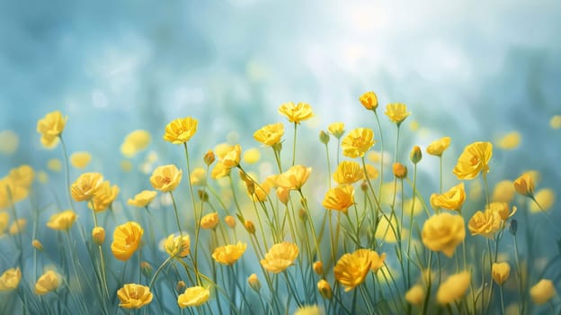 Yellow flowers and buds on stems, smudged, light green background. Flower field. Flowering flowers, a symbol of spring, new life. A joyful time of nature waking up to life.