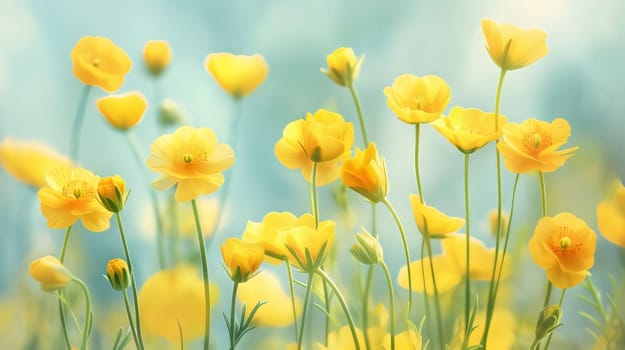 Yellow flowers and buds on stems, smudged, light green background. Flower field. Flowering flowers, a symbol of spring, new life. A joyful time of nature waking up to life.